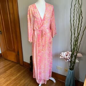 Intimates by Flora Kimono Robe Pink Floral Belted Floor Length Sheer Size‎ Small